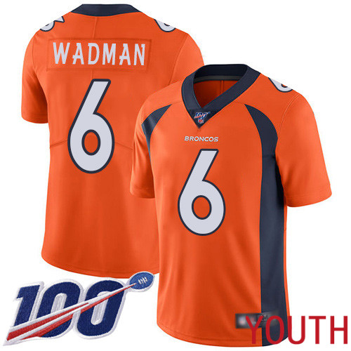 Youth Denver Broncos #6 Colby Wadman Orange Team Color Vapor Untouchable Limited Player 100th Season Football NFL Jersey->youth nfl jersey->Youth Jersey